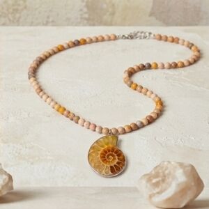 Ammonite Fossil Pendant Necklace – Jasper Bead Strand (Earth Tone Boho)